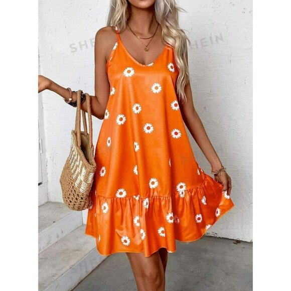 SHEIN Dresses & Skirts - SHEIN Orange Daisy Tank Dress Spaghetti Straps Ruffled Hem Small